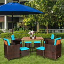 Charger l&#39;image dans la galerie, Outdoor 9 Piece Dining Room Set - Includes 4 Wicker Chairs, 4 Ottomans, and 1 Dining Table - Suitable for Backyard
