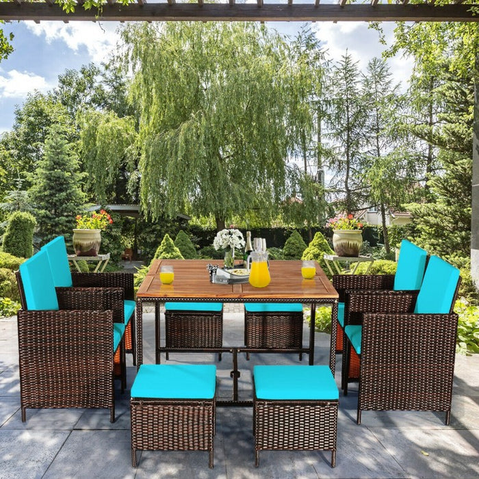 Outdoor 9 Piece Dining Room Set - Includes 4 Wicker Chairs, 4 Ottomans, and 1 Dining Table - Suitable for Backyard