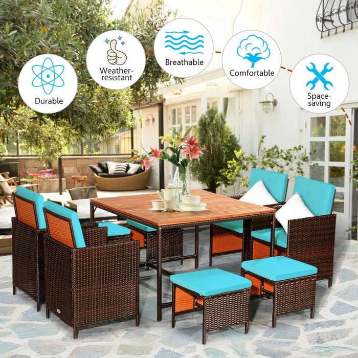Outdoor 9 Piece Dining Room Set - Includes 4 Wicker Chairs, 4 Ottomans, and 1 Dining Table - Suitable for Backyard