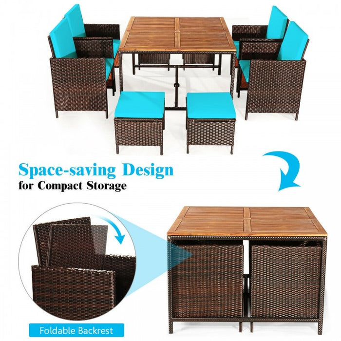 Outdoor 9 Piece Dining Room Set - Includes 4 Wicker Chairs, 4 Ottomans, and 1 Dining Table - Suitable for Backyard