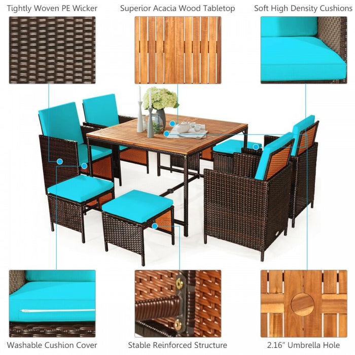 Outdoor 9 Piece Dining Room Set - Includes 4 Wicker Chairs, 4 Ottomans, and 1 Dining Table - Suitable for Backyard