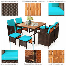 Charger l&#39;image dans la galerie, Outdoor 9 Piece Dining Room Set - Includes 4 Wicker Chairs, 4 Ottomans, and 1 Dining Table - Suitable for Backyard
