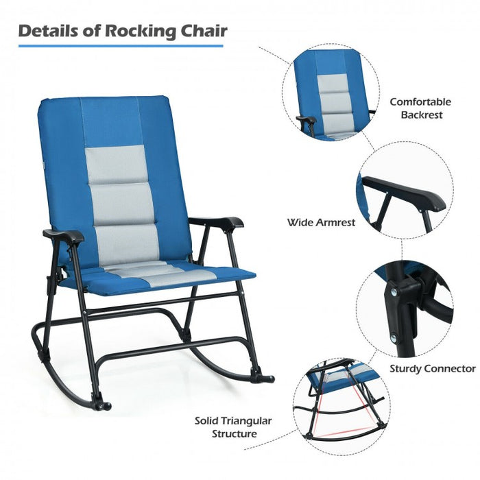 Costway Blue Rocking Camping Chair Folding Chair with Armrests and Cushions - Suitable for Camping, Backyard, Pool, and Garden