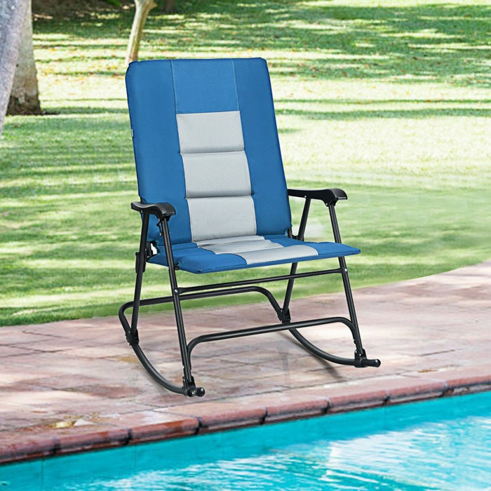 Costway Blue Rocking Camping Chair Folding Chair with Armrests and Cushions - Suitable for Camping, Backyard, Pool, and Garden