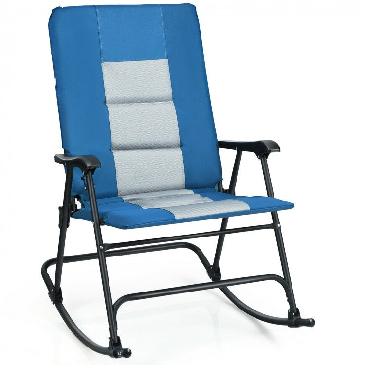 Costway Blue Rocking Camping Chair Folding Chair with Armrests and Cushions - Suitable for Camping, Backyard, Pool, and Garden