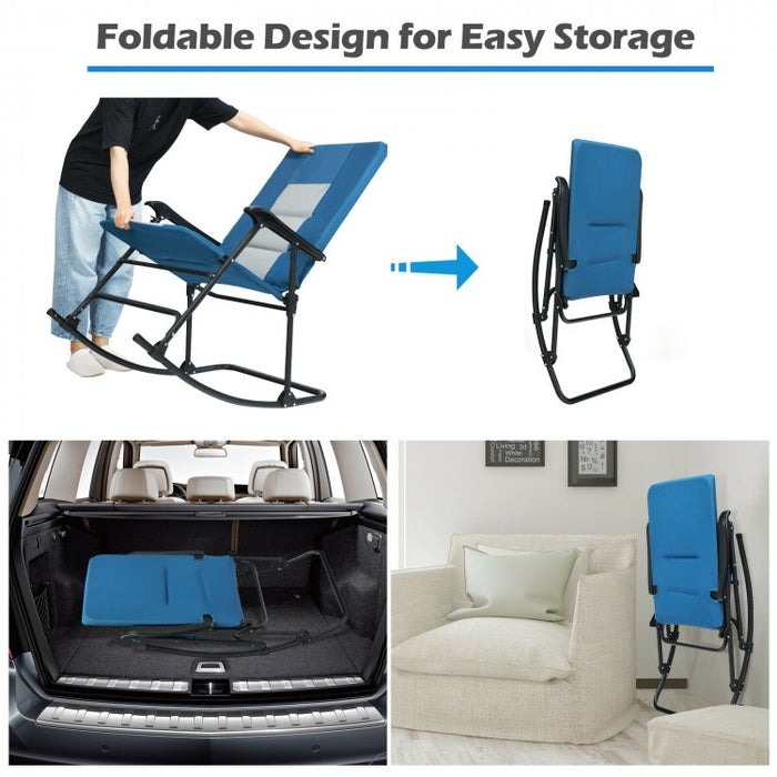 Costway Blue Rocking Camping Chair Folding Chair with Armrests and Cushions - Suitable for Camping, Backyard, Pool, and Garden