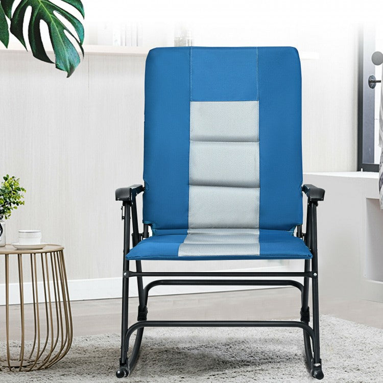 Costway Blue Rocking Camping Chair Folding Chair with Armrests and Cushions - Suitable for Camping, Backyard, Pool, and Garden
