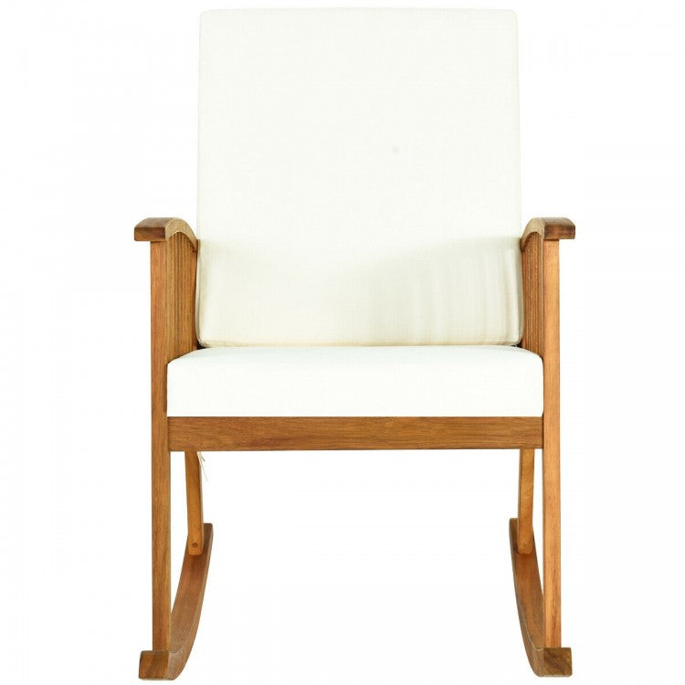 Outdoor Wooden Rocking Chair with White Cushion