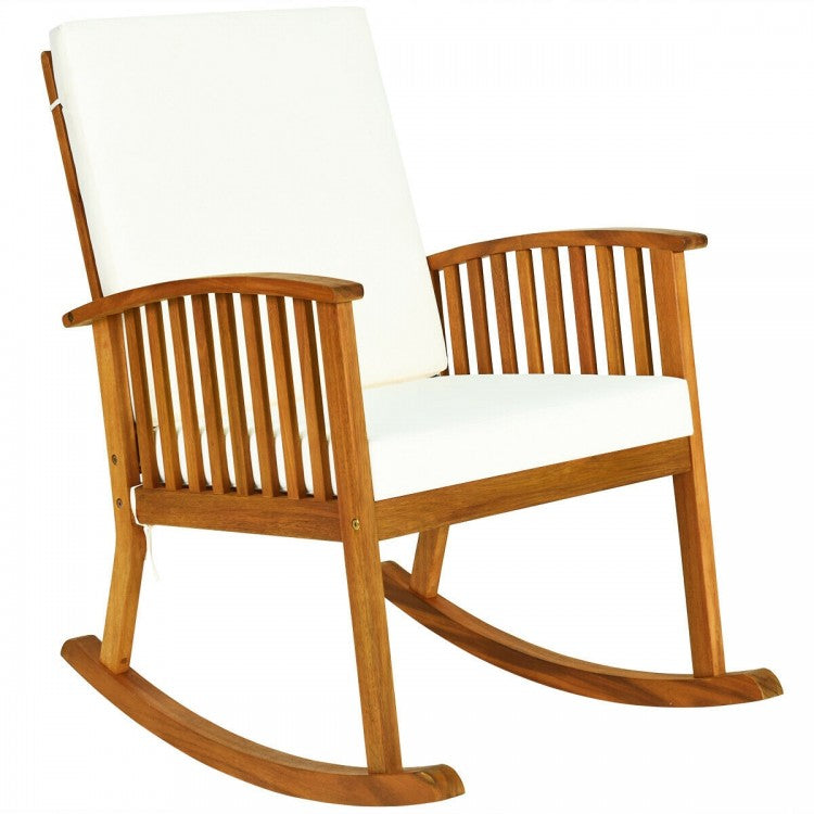 Outdoor Wooden Rocking Chair with White Cushion