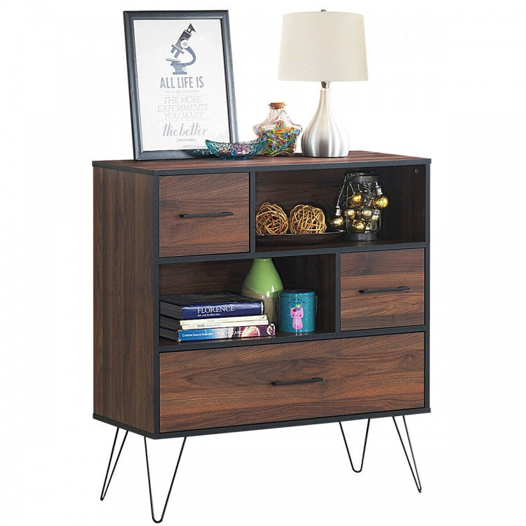 Walnut-Colored Vintage Multi-Tier Storage Cabinet with Three Drawer