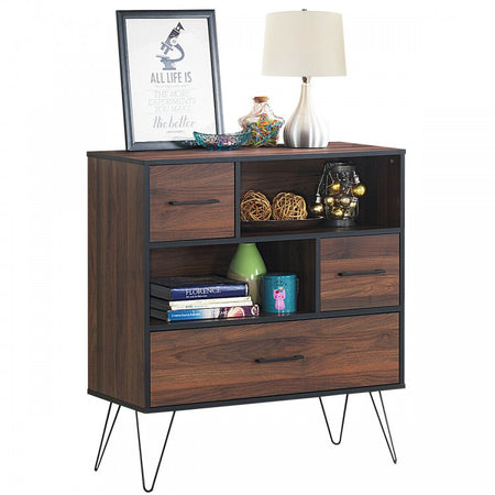 Walnut-Colored Vintage Multi-Tier Storage Cabinet with Three Drawer