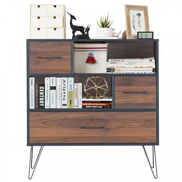 Walnut-Colored Vintage Multi-Tier Storage Cabinet with Three Drawer