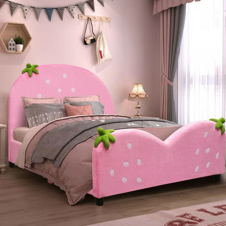 Strawberry Pattern Velvet Children's Bed in Pink