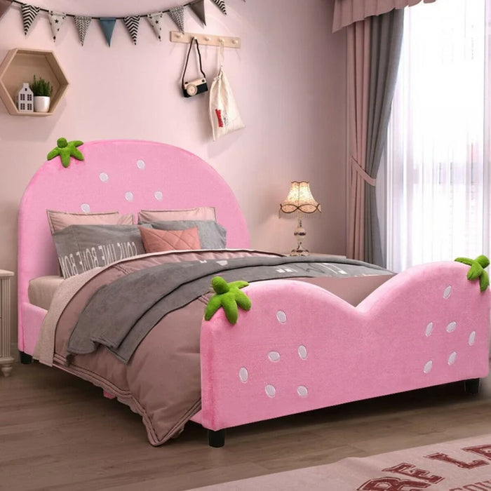 Strawberry Pattern Velvet Children's Bed in Pink