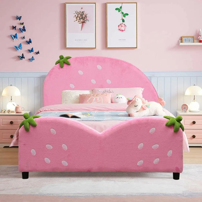Strawberry Pattern Velvet Children's Bed in Pink
