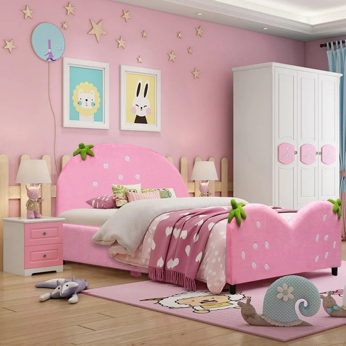 Strawberry Pattern Velvet Children's Bed in Pink