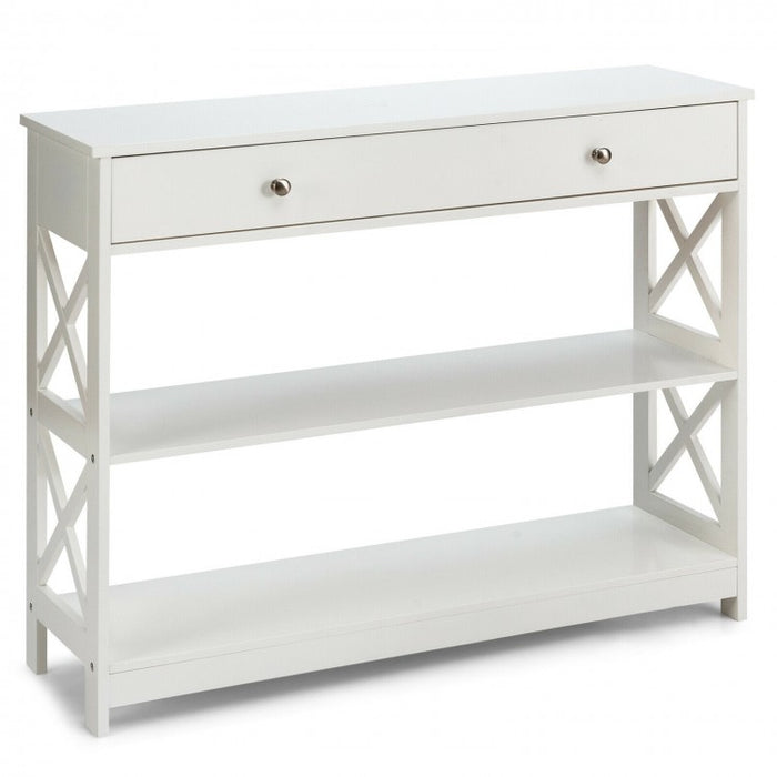 Costway Modern White/Black Entryway Table with Drawer - Suitable for Living Room and Porch
