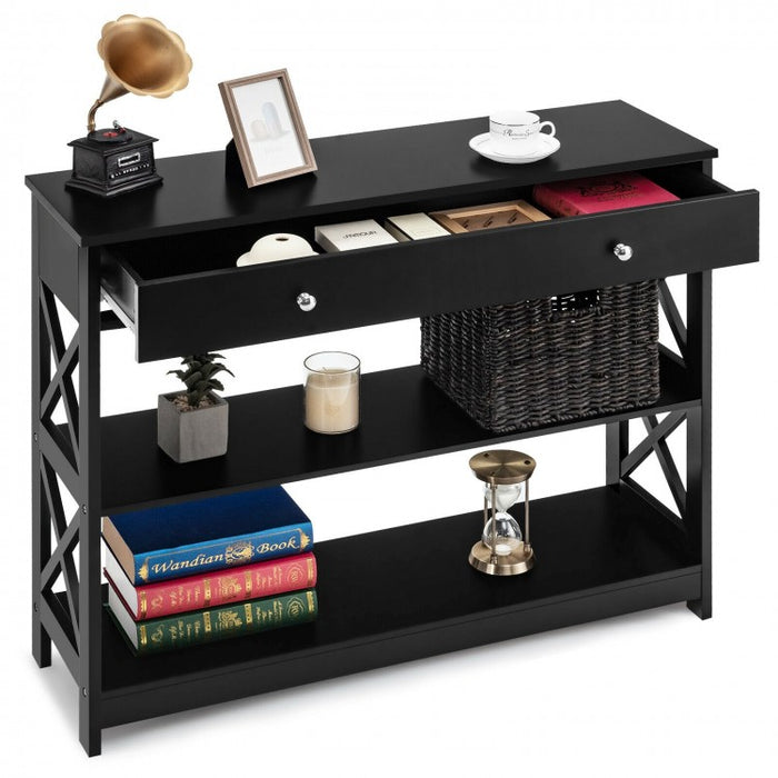 Costway Modern White/Black Entryway Table with Drawer - Suitable for Living Room and Porch