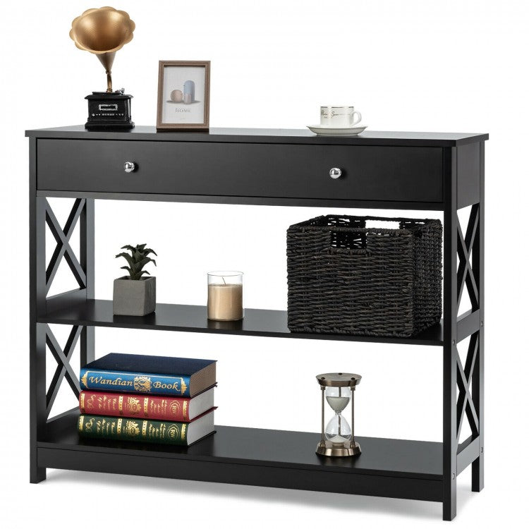 Costway Modern White/Black Entryway Table with Drawer - Suitable for Living Room and Porch