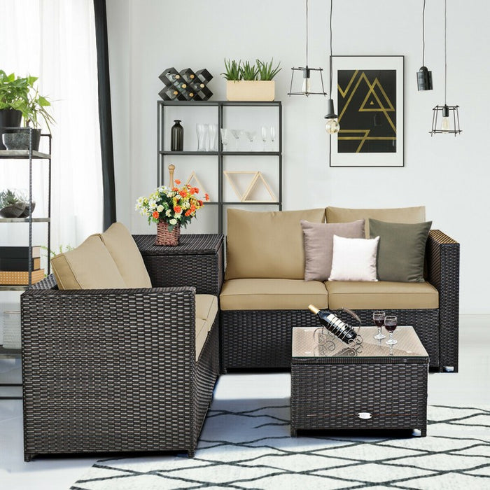 4-Piece Outdoor Wicker Sofa Set with Storage Cabinet for Patio
