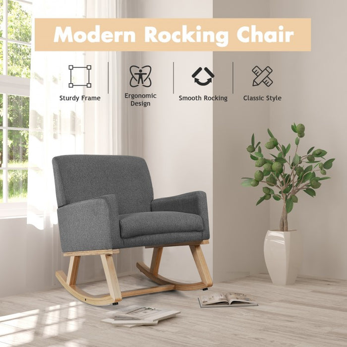 Gray Modern Minimalist Rocking Chair with Wooden Base and Cushion