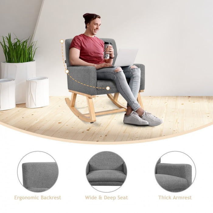 Gray Modern Minimalist Rocking Chair with Wooden Base and Cushion