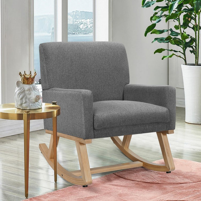 Gray Modern Minimalist Rocking Chair with Wooden Base and Cushion