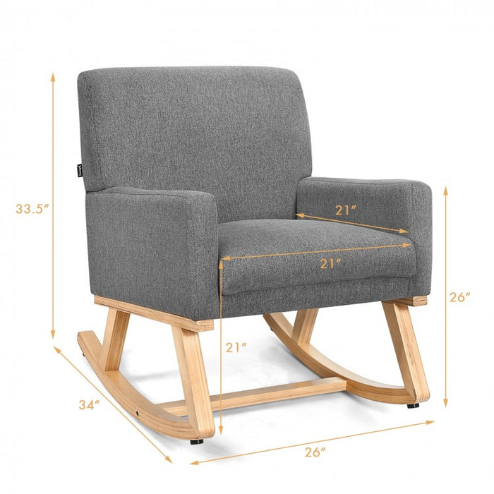 Gray Modern Minimalist Rocking Chair with Wooden Base and Cushion