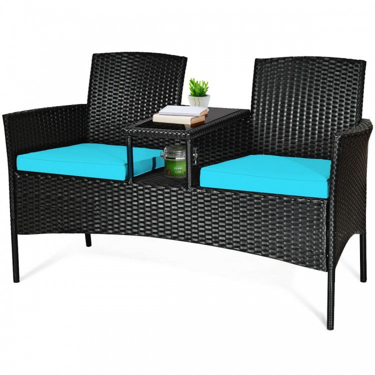 Outdoor Wicker Patio Conversation Set Sofa Loveseat Glass Table with Turquoise Cushions