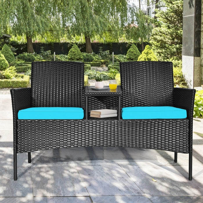 Outdoor Wicker Patio Conversation Set Sofa Loveseat Glass Table with Turquoise Cushions