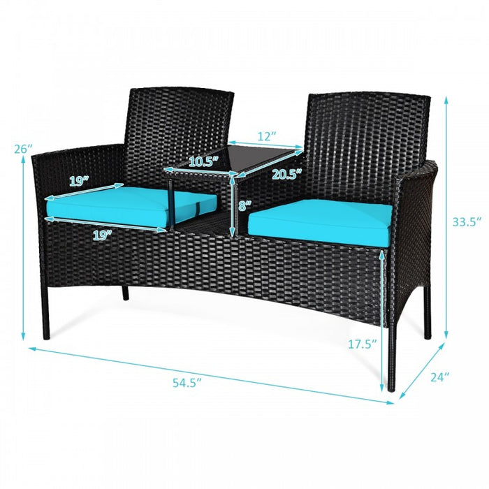 Outdoor Wicker Patio Conversation Set Sofa Loveseat Glass Table with Turquoise Cushions