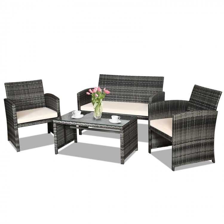 4-Piece Outdoor Patio Wicker Sofa Set with Glass Coffee Table