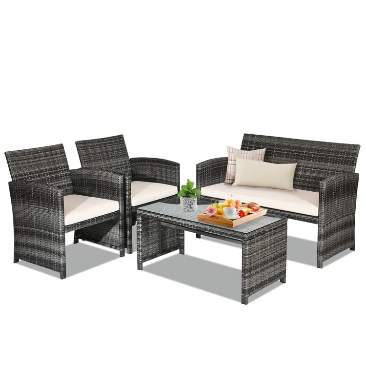 4-Piece Outdoor Patio Wicker Sofa Set with Glass Coffee Table