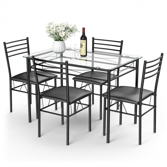 Modern Small Dining Room Set - 5-Piece Set with Tempered Glass Table and 4 Padded Chairs - Suitable for Kitchen and Restaurant