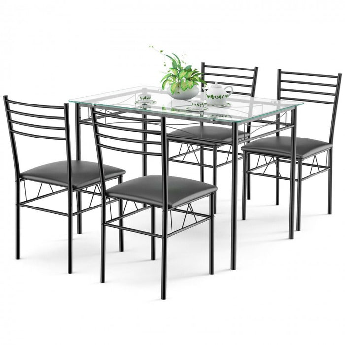 Modern Small Dining Room Set - 5-Piece Set with Tempered Glass Table and 4 Padded Chairs - Suitable for Kitchen and Restaurant
