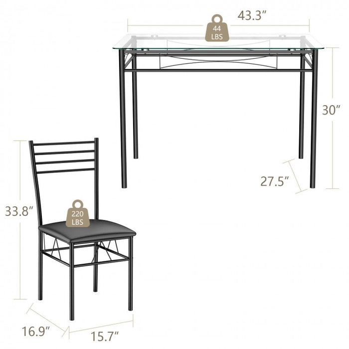 Modern Small Dining Room Set - 5-Piece Set with Tempered Glass Table and 4 Padded Chairs - Suitable for Kitchen and Restaurant