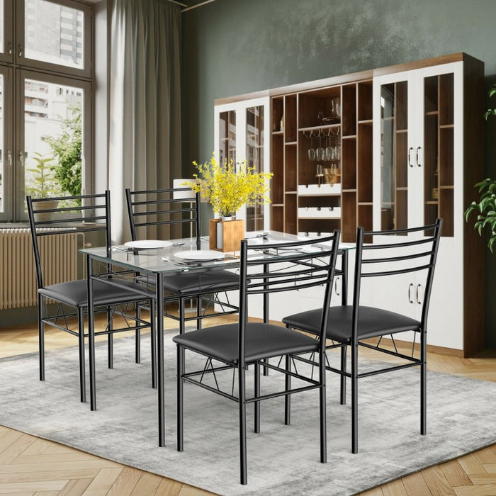 Modern Small Dining Room Set - 5-Piece Set with Tempered Glass Table and 4 Padded Chairs - Suitable for Kitchen and Restaurant