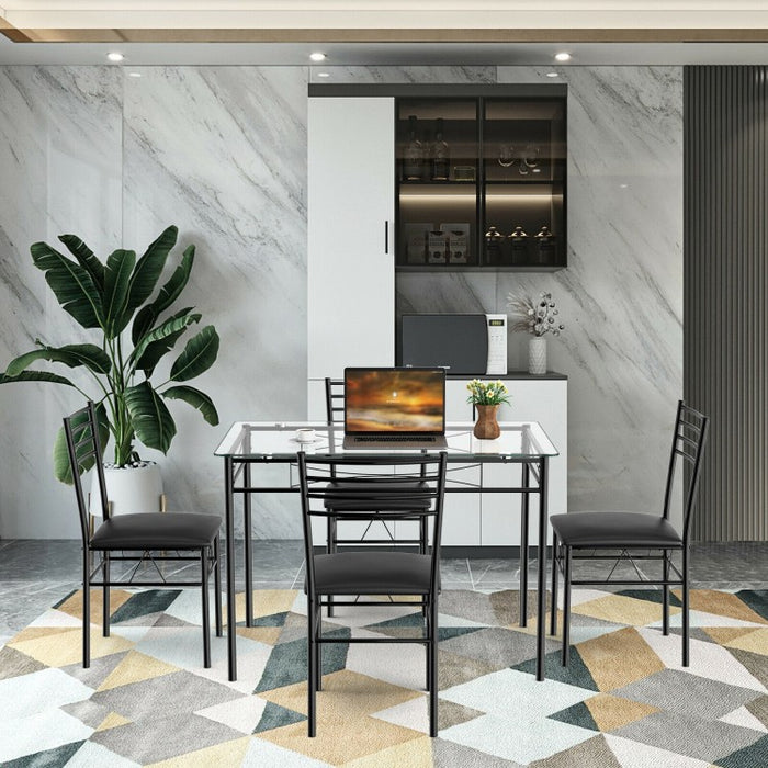 Modern Small Dining Room Set - 5-Piece Set with Tempered Glass Table and 4 Padded Chairs - Suitable for Kitchen and Restaurant