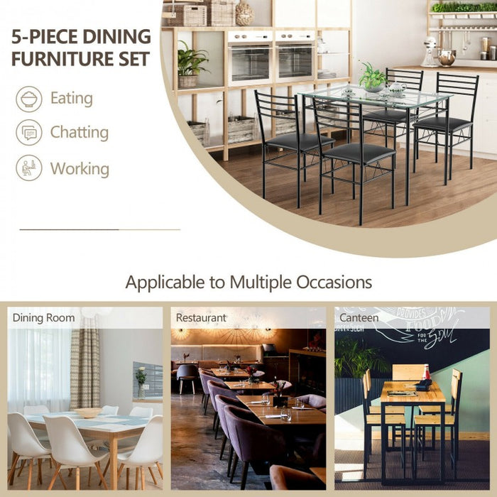 Modern Small Dining Room Set - 5-Piece Set with Tempered Glass Table and 4 Padded Chairs - Suitable for Kitchen and Restaurant