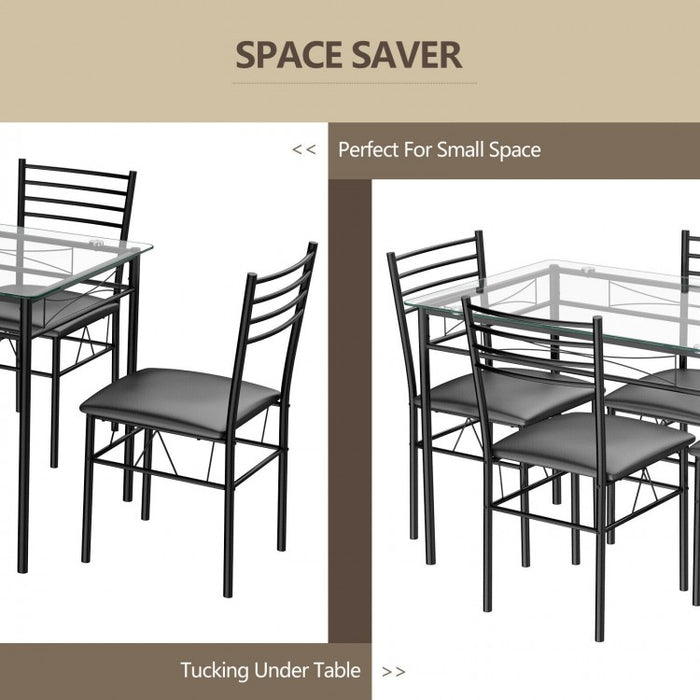Modern Small Dining Room Set - 5-Piece Set with Tempered Glass Table and 4 Padded Chairs - Suitable for Kitchen and Restaurant