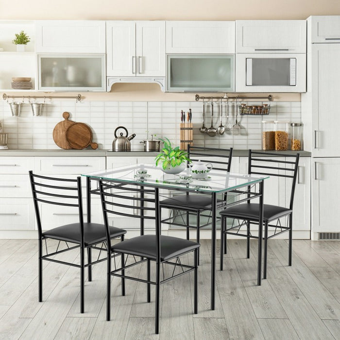 Modern Small Dining Room Set - 5-Piece Set with Tempered Glass Table and 4 Padded Chairs - Suitable for Kitchen and Restaurant