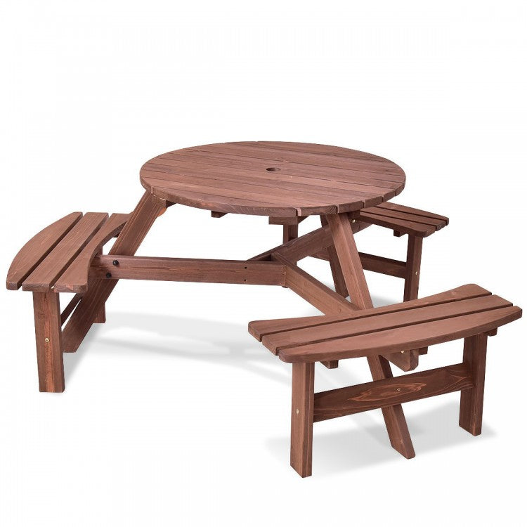 Outdoor Dining Table and Bench Set with Umbrella Stand - Ideal for Backyard, Garden, and Picnic Gatherings