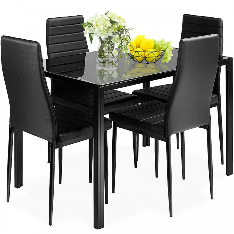 Modern Black Dining Room Set - 5-Piece Set with Tempered Glass Table and 4 Chairs - Suitable for Restaurant and Cafe