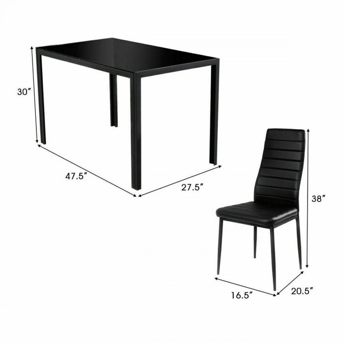 Modern Black Dining Room Set - 5-Piece Set with Tempered Glass Table and 4 Chairs - Suitable for Restaurant and Cafe