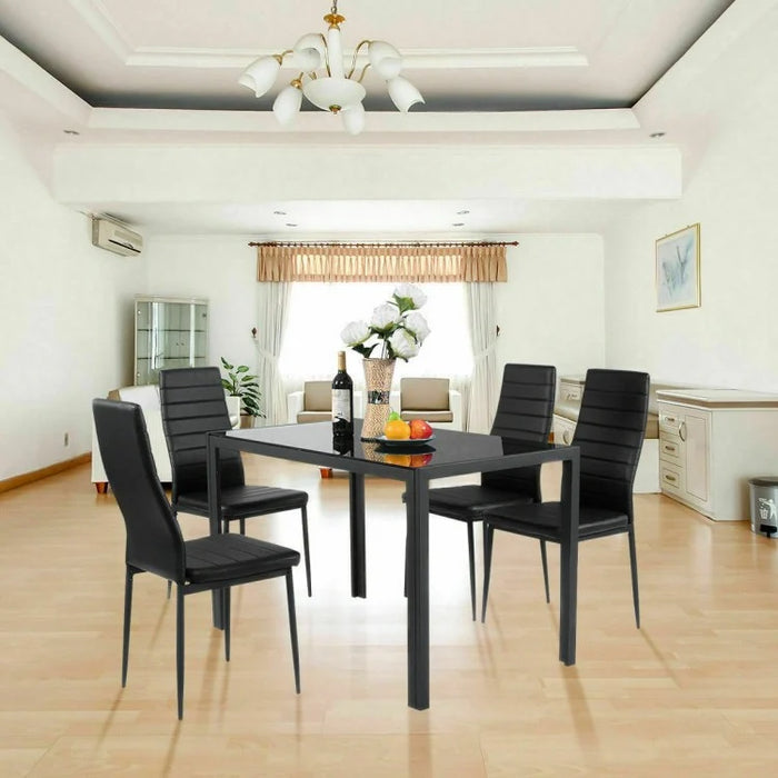 Modern Black Dining Room Set - 5-Piece Set with Tempered Glass Table and 4 Chairs - Suitable for Restaurant and Cafe