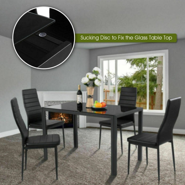 Modern Black Dining Room Set - 5-Piece Set with Tempered Glass Table and 4 Chairs - Suitable for Restaurant and Cafe