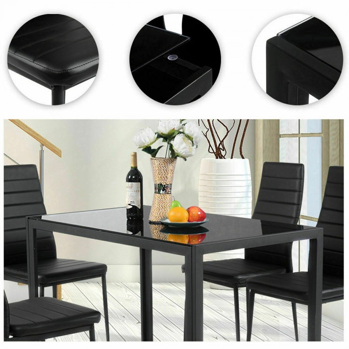 Modern Black Dining Room Set - 5-Piece Set with Tempered Glass Table and 4 Chairs - Suitable for Restaurant and Cafe