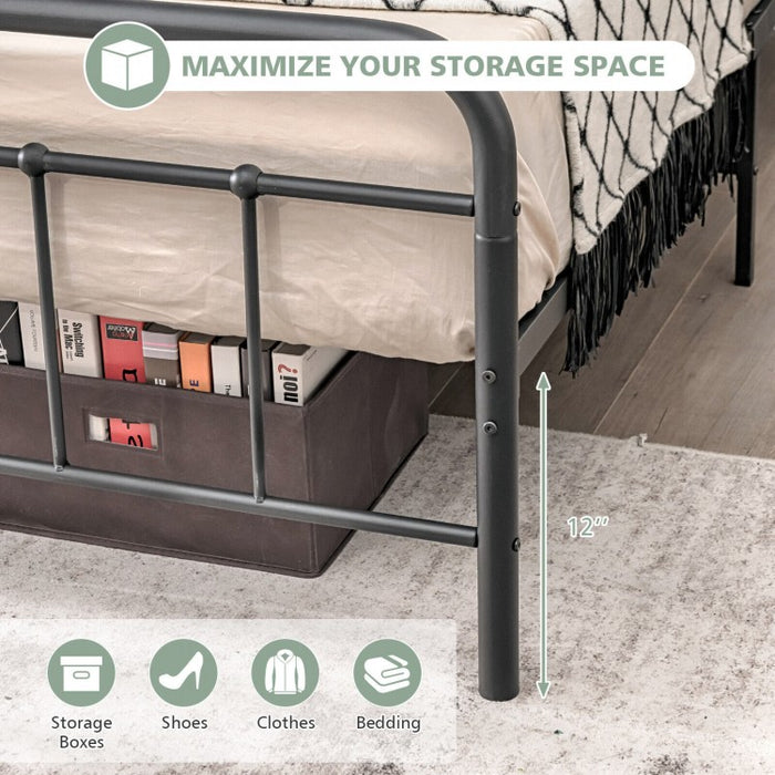 Rustic Industrial Black Metal Bed Frame with Storage Underneath