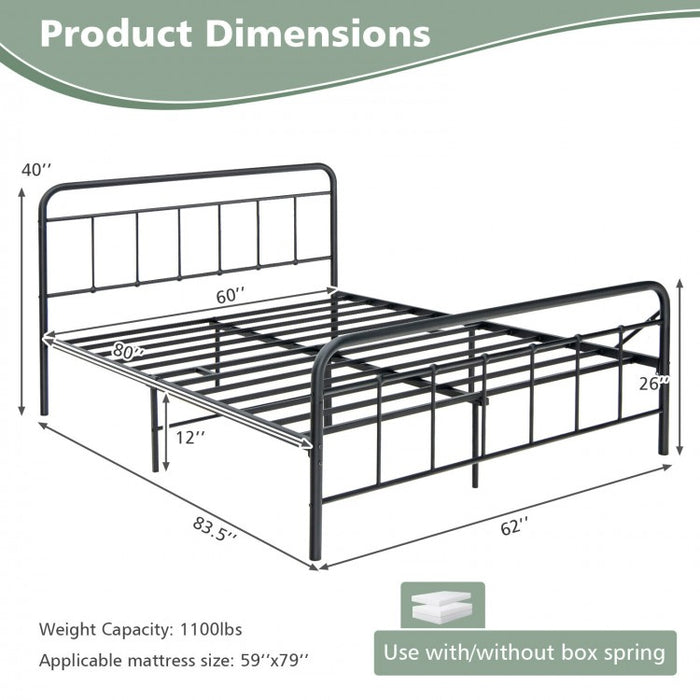 Rustic Industrial Black Metal Bed Frame with Storage Underneath