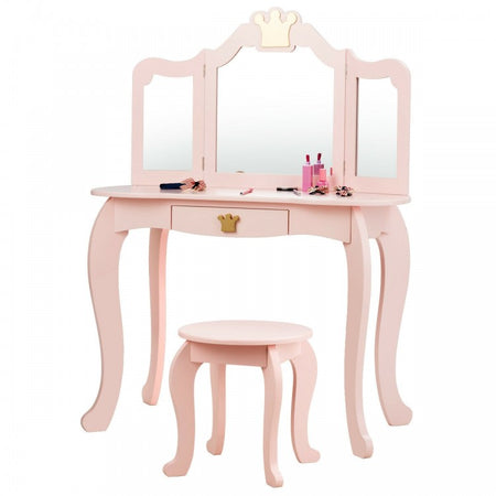 Bedroom Children's 3-Fold Mirror Vanity Dressing Table with Stool